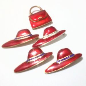 Lot of 7 Red Hat Society Enamel Brooch Pins – Hats & Purse Figural Collection